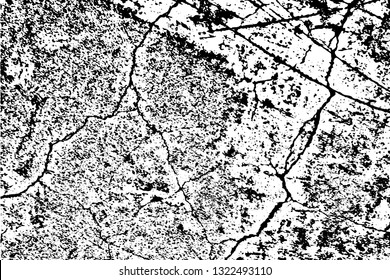 Grunge urban texture of old cracked wall. Monochrome dark background of damaged concrete surface with spots, noise and cracks. Overlay template to quickly create a grunge effect. Vector illustration