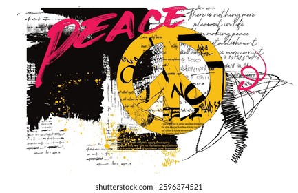 grunge urban typography,, Peace hand drawn made symbol. typography street art graffiti slogan print with spray effect, text splash t shirt print patterns, t shirt graphics print vector design.eps8
