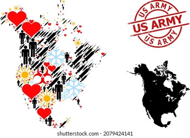 Grunge Us Army stamp, and heart patients vaccine collage map of North America. Red round stamp contains Us Army title inside circle. Map of North America collage is composed from cold, sunny, heart,