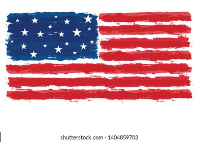 Grunge USA Flag.  American flag brush paint texture.  Vector Illustration for Celebration Holiday 4 of July American President Day, White star sparkles lines on Blue and Red Stripes