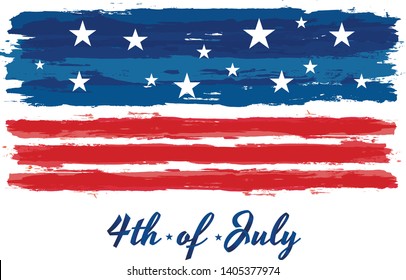 Grunge USA Flag.  American flag brush paint texture.  Vector Illustration for Celebration Holiday 4 of July American President Day, White star sparkles lines on Blue and Red Stripes