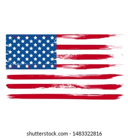 Grunge USA flag with brush stroke isolated on white. National symbol of USA. American patriotic background. Easy to edit vector template for banner, poster, greeting card, t-shirt, etc.