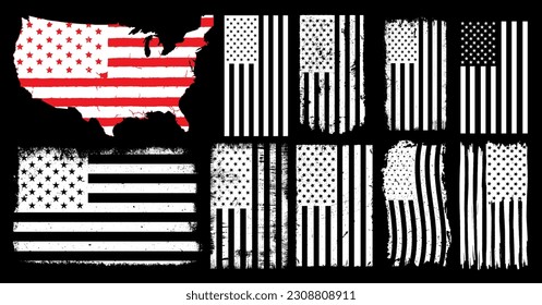 grunge USA flag set vector, grunge, flag, silhouette, independence, July, 4th of July, 4th July