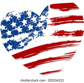 Grunge USA flag - splattered star and stripes in heart shape
