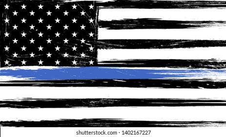 Grunge USA flag a with thin blue line - a sign to honor and respect american police, army and military officers.