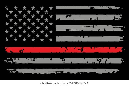 Grunge USA flag with a thin red line - a sign to honor and respect American firefighters