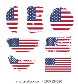 Grunge USA flag. Vintage American flag set. Vector stock illustration. 4th of July, American Independence Day grungy wave in national flag colors on white background. 