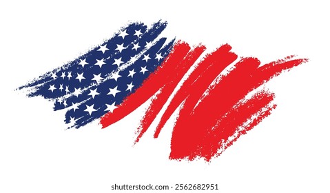 Grunge USA flag with watercolor blue and red brush paint texture. Abstract brushed flag of United States of America. Template for horizontal holiday banner. Vector painted brushstrokes stars.