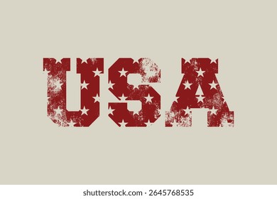 Grunge USA letras em negrito fonte estêncil com textura angustiada e estrelas brancas. Design patriótico para o Dia da Independência, temas antigos e projetos gráficos.