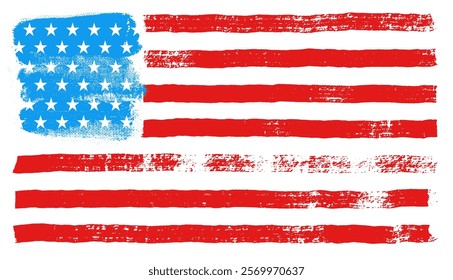 Grunge USA vector flag. Template American flag with grunge texture. Vector illustration flag of USA. Old vintage USA flag. Hand drawn distress damaged edge vintage banner with red and blue bold line.