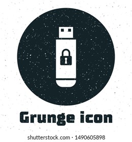 Grunge USB flash drive with closed padlock icon isolated on white background. Security, safety, protection concept.  Vector Illustration
