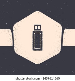 Grunge USB flash drive icon isolated on grey background. Monochrome vintage drawing. Vector Illustration