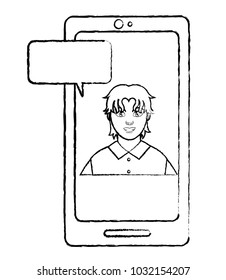 grunge user man inside smartphone with chat bubble