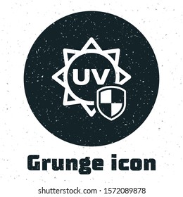 Grunge UV protection icon isolated on white background. Sun and shield. Ultra violet rays radiation. SPF sun sign.  Vector Illustration
