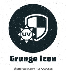 Grunge UV protection icon isolated on white background. Sun and shield. Ultra violet rays radiation. SPF sun sign.  Vector Illustration