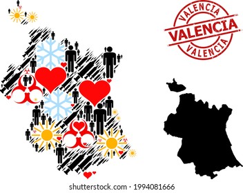 Grunge Valencia seal, and heart patients infection treatment collage map of Valencia Province. Red round seal has Valencia text inside circle. 