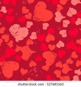 Grunge Valentine background. Painted Hearts Seamless Pattern. Distress texture ornament. Romantic decoration for gift paper, greeting card, banner, wallpaper. Irregular decorative design.