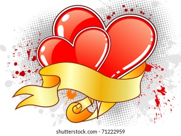Grunge Valentines Day background with Hearts and ribbon, element for design, vector illustration