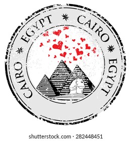 Grunge valentines day stamp with Pyramid and love heart, vector travel illustration