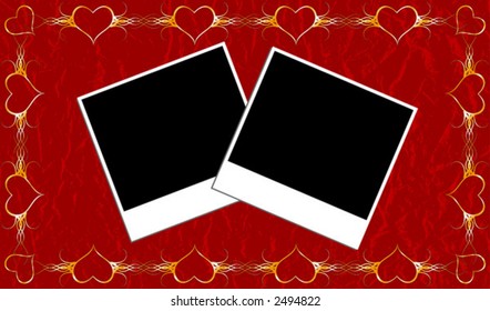 Grunge valentines framed gold background with instant photo frame, vector illustration