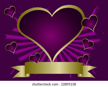 A grunge valentines vector illustration with a purple and gold  heart shaped frame with room for text on a mauve grunge  background