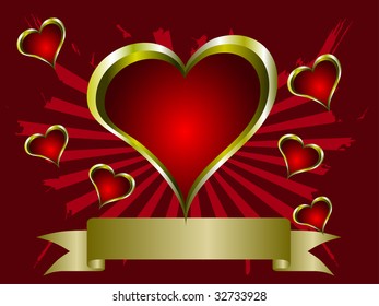 A grunge valentines vector illustration with a red and gold  heart shaped frame with room for text on a red grunge background