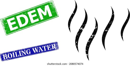 Grunge vapour icon and rectangle corroded Edem stamp. Vector green Edem and blue Boiling Water watermarks with corroded rubber texture, designed for vapour illustration.