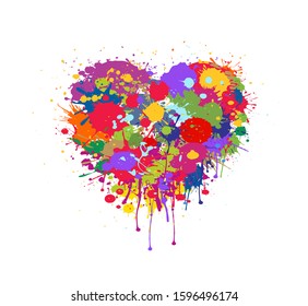 Grunge vector abstract rainbow heart drawing with colorful splashes and paint drips isolated on white background.Love symbol in graffiti style.Greeting card for Valentine`s day.Explosion of feelings.
