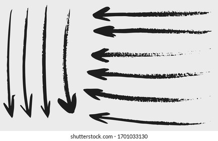 Grunge vector arrows. Dry brush strokes, hand drawn