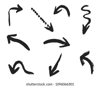 Grunge vector arrows. Dry hand drawn brush strokes
