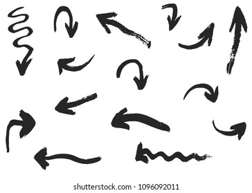 Grunge vector arrows. Dry hand drawn brush strokes
