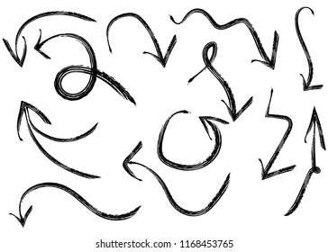 Grunge vector arrows. Dry paint brush strokes, hand drawn
