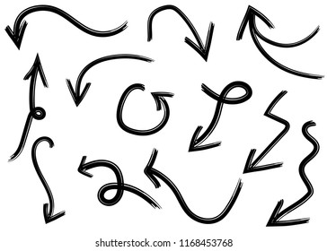 Grunge vector arrows. Dry paint brush strokes, hand drawn
