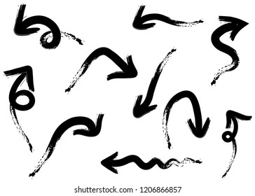Grunge vector arrows. Dry paint brush strokes, hand drawn