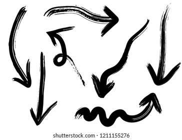 Grunge vector arrows. Dry paint brush strokes, hand drawn