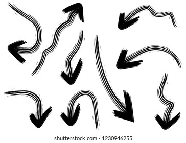 Grunge vector arrows. Dry paint brush strokes, hand drawn