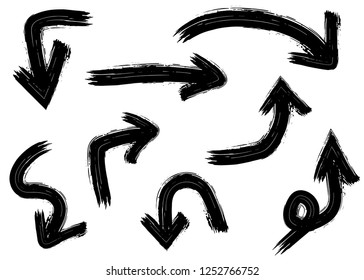 Grunge vector arrows. Dry paint brush strokes, hand drawn