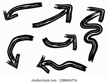 Grunge vector arrows. Dry paint brush strokes, hand drawn