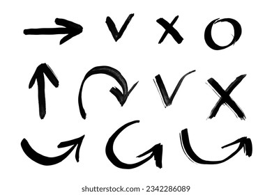 Grunge vector arrows. Set of different grunge brush arrows, pointers. Hand drawn paint strokes. Vector illustration.