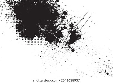 Grunge vector art of a black ink splatter pattern with halftone dotted texture on white background