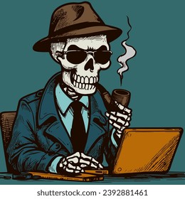 Grunge vector art of a policeman skeleton in a suit and sunglasses smoking a pipe and looking at the computer. Drawing of an undead cop with hat and tie solving a crime