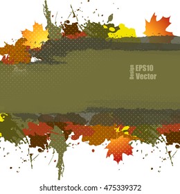 Grunge vector autumn background with maple leafs. Hand drawn ink blots. Elements for design. Eps10