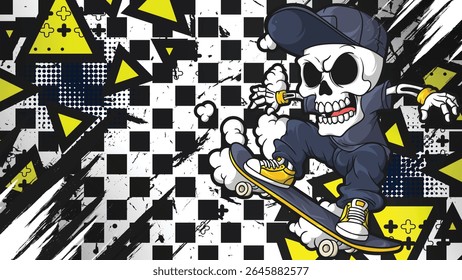 Grunge vector background design with skater skulls, checkerboard patterns and yellow abstract elements. Suitable for urban, music and extreme sports themes, eps10, editable.