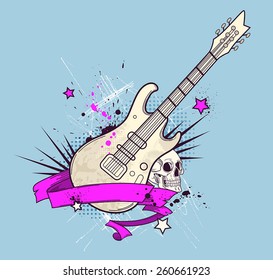 Grunge vector background with electric guitar and skull