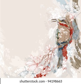 Fondo de Vector del grunge con un pájaro colorido divertido en un árbol