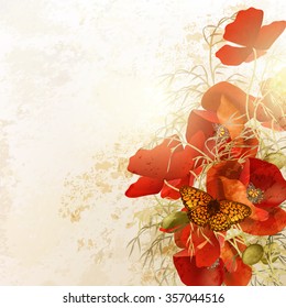 Grunge vector background with poppy  flowers in vintage style