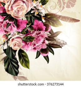 Grunge vector background with rose and peony flowers in vintage style