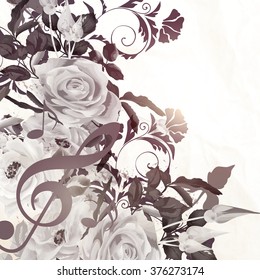 Grunge vector background with roses in vintage sepia style