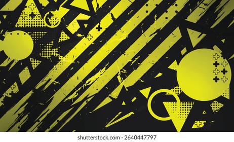 Grunge vector background with yellow-black stripe pattern and dynamic, textured modern geometric elements