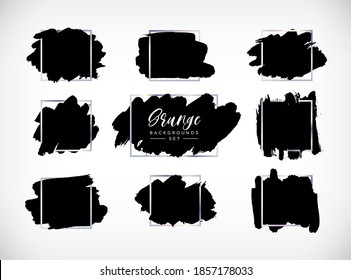 Conjunto de fondos vectoriales ondulados. Manos trazadas de pincel con marcos plateados. Trazos de pincel de tinta, elemento de diseño texturizado de manchas de pintura negras, fondo para texto con borde cuadrado de acero cromado